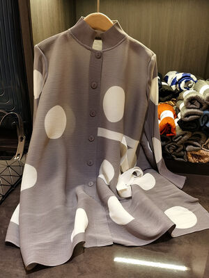 High End Three House Style Stand up Collar Polka Dot Loose Oversized Pleated Dress Single Breasted Shirt Skirt for Women's Sprin