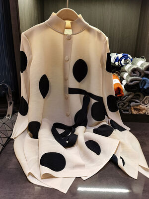 High End Three House Style Stand up Collar Polka Dot Loose Oversized Pleated Dress Single Breasted Shirt Skirt for Women's Sprin