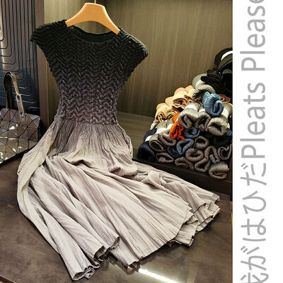 Gradual Color Change Pleated Dress Embroidery Slim Round Neck Sleeveless MIDI Skirt