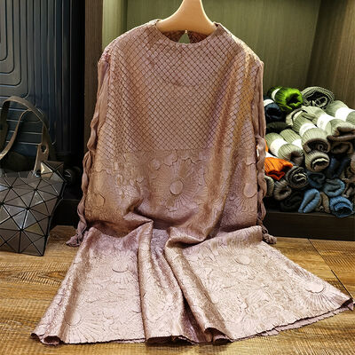 2024 Autumn New Elegant Embossed Pleated Dress Round Neck Long Sleeve Loose a Line Skirt