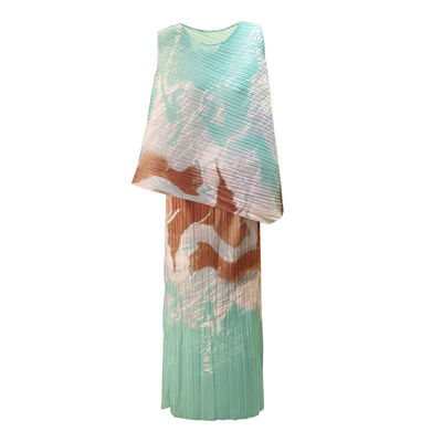 High-End Pleated Two-Piece Set for Spring and Summer Short Length High-Sleeved Top and Printed Skirt with Sleeveless Feature