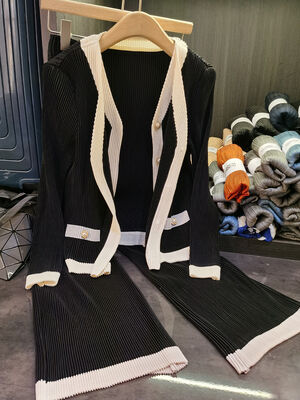 Sanzhai Women's New Fashion Daily Wear Two-Piece Set Contrast Color Pleated Cardigan Top Wide-Leg Pants Solid Design