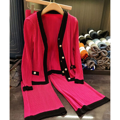 Sanzhai Women's New Fashion Daily Wear Two-Piece Set Contrast Color Pleated Cardigan Top Wide-Leg Pants Solid Design