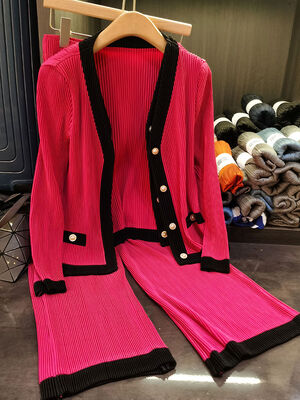 Sanzhai Women's New Fashion Daily Wear Two-Piece Set Contrast Color Pleated Cardigan Top Wide-Leg Pants Solid Design