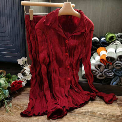 Women's Casual Autumn Daily Wear Single Breasted Long Sleeve Pleated Shirt and High Waist Skirt New Two-piece Set