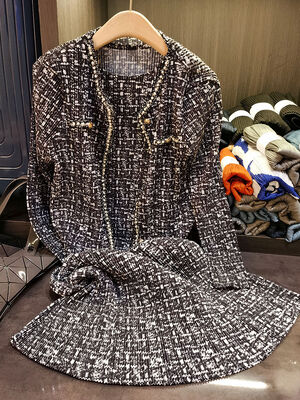 Elegant Fragrant Maple Nice Dress Set Female Heavy Industry Nail Bead Pleated Small Coat Sleeveless Dress Skirt