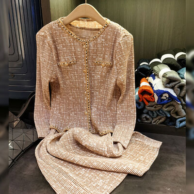 Elegant Fragrant Maple Nice Dress Set Female Heavy Industry Nail Bead Pleated Small Coat Sleeveless Dress Skirt