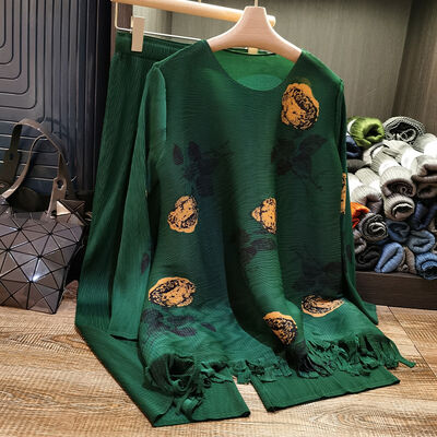 Autumn Fashion Suit Women's Loose Large Size Print Top High Waist Slimming Wide-leg Pants Two-piece Set for Women