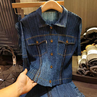 Vintage New Style Denim Pleated Suit Women's Single Breasted Short Sleeve Top + Fringe Skirt Two-piece Set
