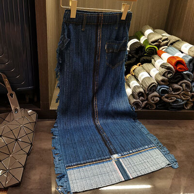 Vintage New Style Denim Pleated Suit Women's Single Breasted Short Sleeve Top + Fringe Skirt Two-piece Set