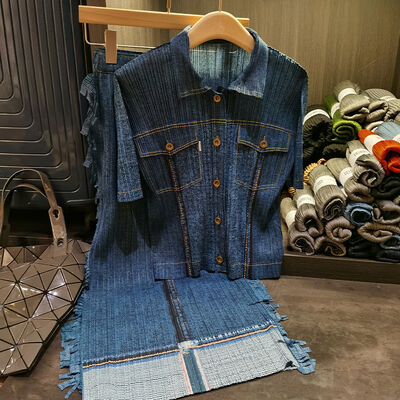 Vintage New Style Denim Pleated Suit Women's Single Breasted Short Sleeve Top + Fringe Skirt Two-piece Set