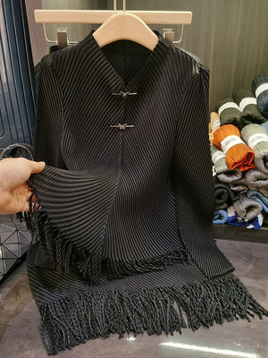 Dragon Scale Pleated Simple Set New Stand Collar Top Tassel Skirt Women 2 Piece Sets