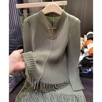 Dragon Scale Pleated Simple Set New Stand Collar Top Tassel Skirt Women 2 Piece Sets