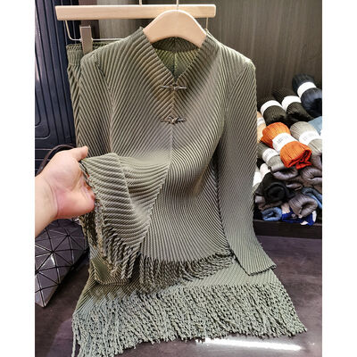 Dragon Scale Pleated Simple Set New Stand Collar Top Tassel Skirt Women 2 Piece Sets