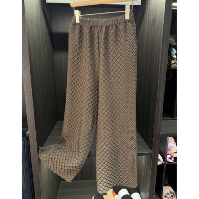 Brown Color Floral Print Drawstring Waist Straight Full Length Casual Autumn Woven Flat Breathable Pants Trousers for Women