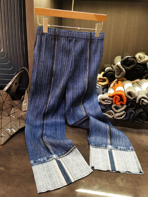 Women's Summer New Style Pleated Faux Denim Print Color-Block Straight-Leg Pants Fashionable Simple Elastic Waist Loose