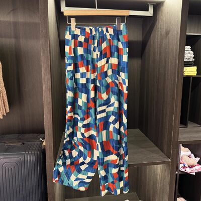 High end contrasting color printed pleated summer new style temperament versatile slimming straight leg casual pants