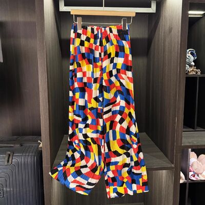 High end contrasting color printed pleated summer new style temperament versatile slimming straight leg casual pants