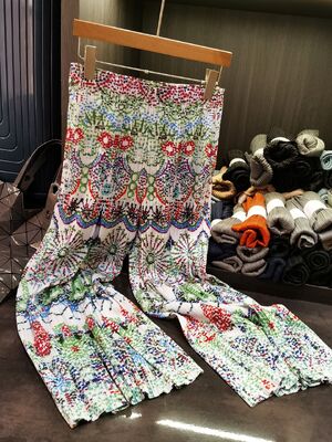 Summer Ethnic Style Wide-Leg Women's Pants Niche Design Pleated Printed Simple Casual High Waist Straight-Leg Long Pants