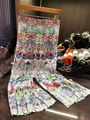 Summer Ethnic Style Wide-Leg Women's Pants Niche Design Pleated Printed Simple Casual High Waist Straight-Leg Long Pants