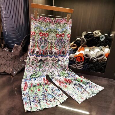 Summer Ethnic Style Wide-Leg Women's Pants Niche Design Pleated Printed Simple Casual High Waist Straight-Leg Long Pants