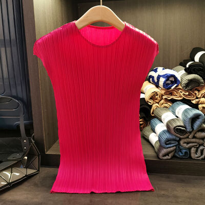 Pleated Round Neck Sleeveless Solid Color Vest for Women Fashion Summer Versatile Slimming Top