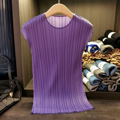 Pleated Round Neck Sleeveless Solid Color Vest for Women Fashion Summer Versatile Slimming Top