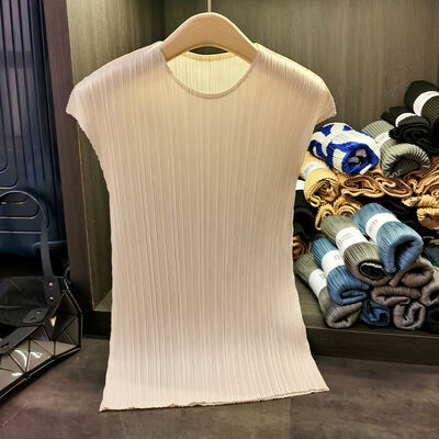 Pleated Round Neck Sleeveless Solid Color Vest for Women Fashion Summer Versatile Slimming Top