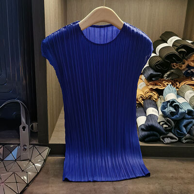 Pleated Round Neck Sleeveless Solid Color Vest for Women Fashion Summer Versatile Slimming Top