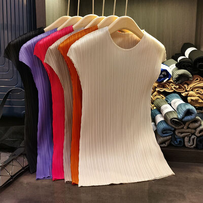 Pleated Round Neck Sleeveless Solid Color Vest for Women Fashion Summer Versatile Slimming Top