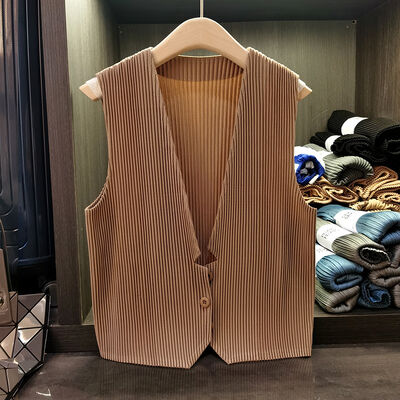 Women's 2024 Summer New Pleated Vest Fashionable All-Match Solid Color Coat Single-Breasted Sleeveless Waistcoat