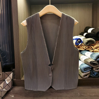 Women's 2024 Summer New Pleated Vest Fashionable All-Match Solid Color Coat Single-Breasted Sleeveless Waistcoat