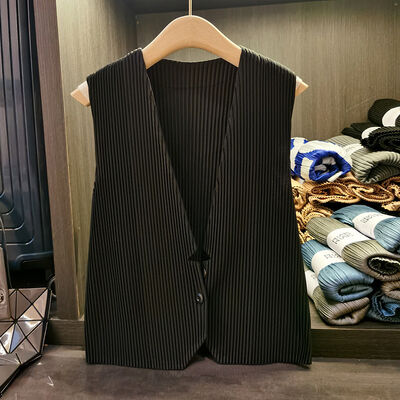 Women's 2024 Summer New Pleated Vest Fashionable All-Match Solid Color Coat Single-Breasted Sleeveless Waistcoat