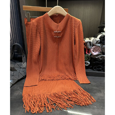 High end temperament elegant solid color dragon scale pleated loose plus size tassel women's two-piece set