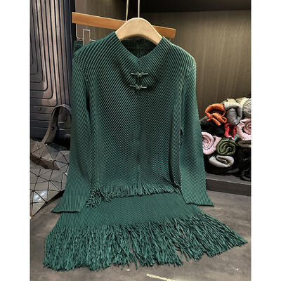 High end temperament elegant solid color dragon scale pleated loose plus size tassel women's two-piece set