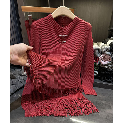 High end temperament elegant solid color dragon scale pleated loose plus size tassel women's two-piece set