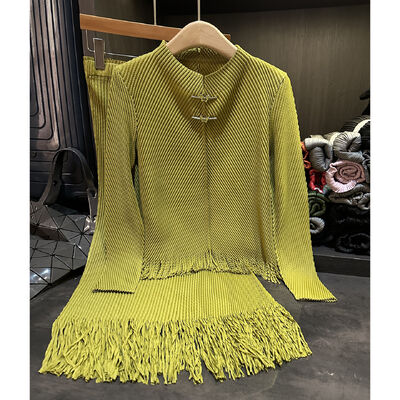 High end temperament elegant solid color dragon scale pleated loose plus size tassel women's two-piece set