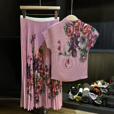 High end and elegant corn grain print set, casual and sweet pleated skirt 2-piece set