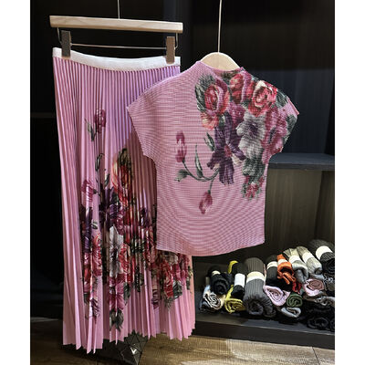 High end and elegant corn grain print set, casual and sweet pleated skirt 2-piece set