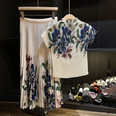 High end and elegant corn grain print set, casual and sweet pleated skirt 2-piece set