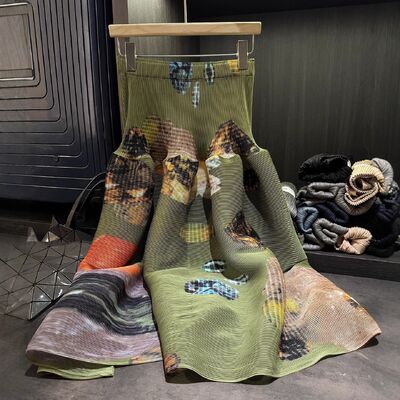 High-End Fashion One Set Printed Pleated Round-Neck Batwing Sleeve Top and Above Knee Autumn Floral Skirt Long Length Top