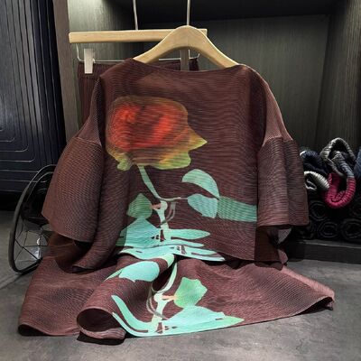 High-End Fashion One Set Printed Pleated Round-Neck Batwing Sleeve Top and Above Knee Autumn Floral Skirt Long Length Top