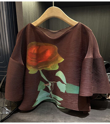 High-End Fashion One Set Printed Pleated Round-Neck Batwing Sleeve Top and Above Knee Autumn Floral Skirt Long Length Top