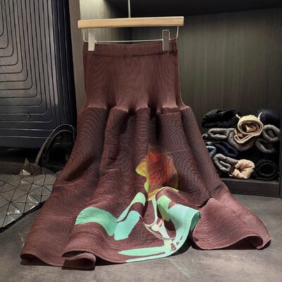 High-End Fashion One Set Printed Pleated Round-Neck Batwing Sleeve Top and Above Knee Autumn Floral Skirt Long Length Top