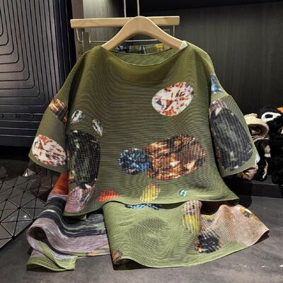 High-End Fashion One Set Printed Pleated Round-Neck Batwing Sleeve Top and Above Knee Autumn Floral Skirt Long Length Top