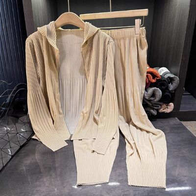 Autumn Style Women's High-End Two-Piece Set Solid Color Zipper Hooded Pleated Suit Long Corduroy Large Size Harem Pants Button