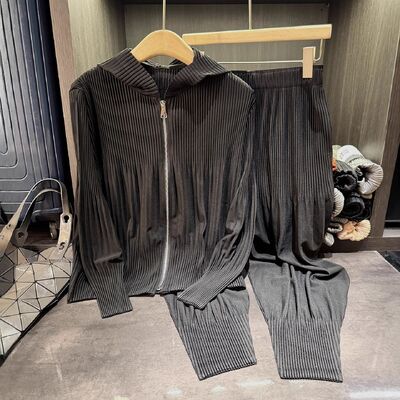 Autumn Style Women's High-End Two-Piece Set Solid Color Zipper Hooded Pleated Suit Long Corduroy Large Size Harem Pants Button