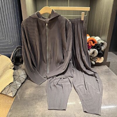 Autumn Style Women's High-End Two-Piece Set Solid Color Zipper Hooded Pleated Suit Long Corduroy Large Size Harem Pants Button