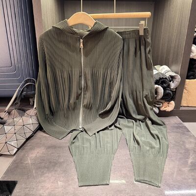 Autumn Style Women's High-End Two-Piece Set Solid Color Zipper Hooded Pleated Suit Long Corduroy Large Size Harem Pants Button