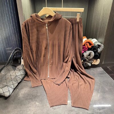 Autumn Style Women's High-End Two-Piece Set Solid Color Zipper Hooded Pleated Suit Long Corduroy Large Size Harem Pants Button